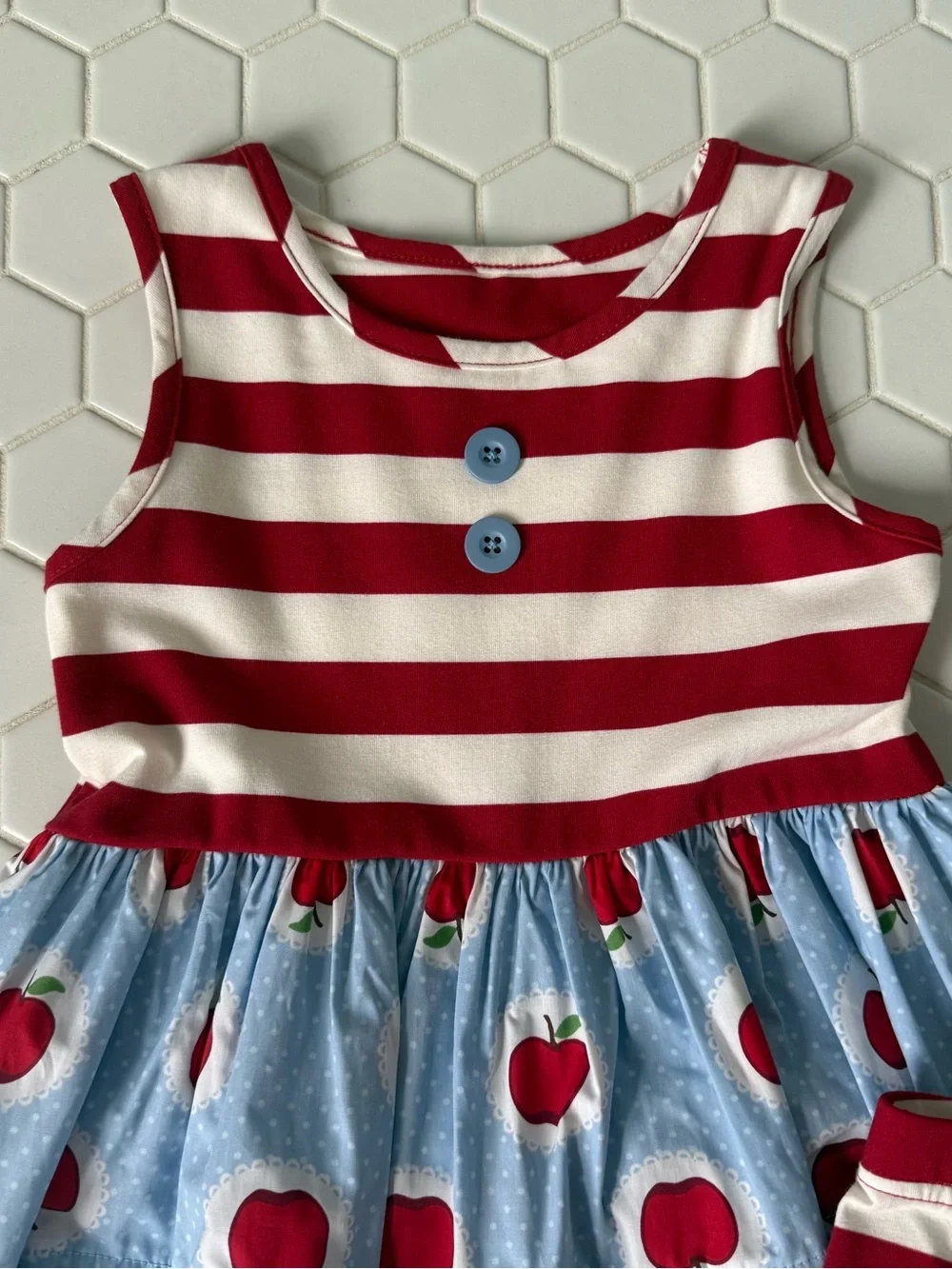 Red & White Striped Apple Print Dress with Matching Shorts